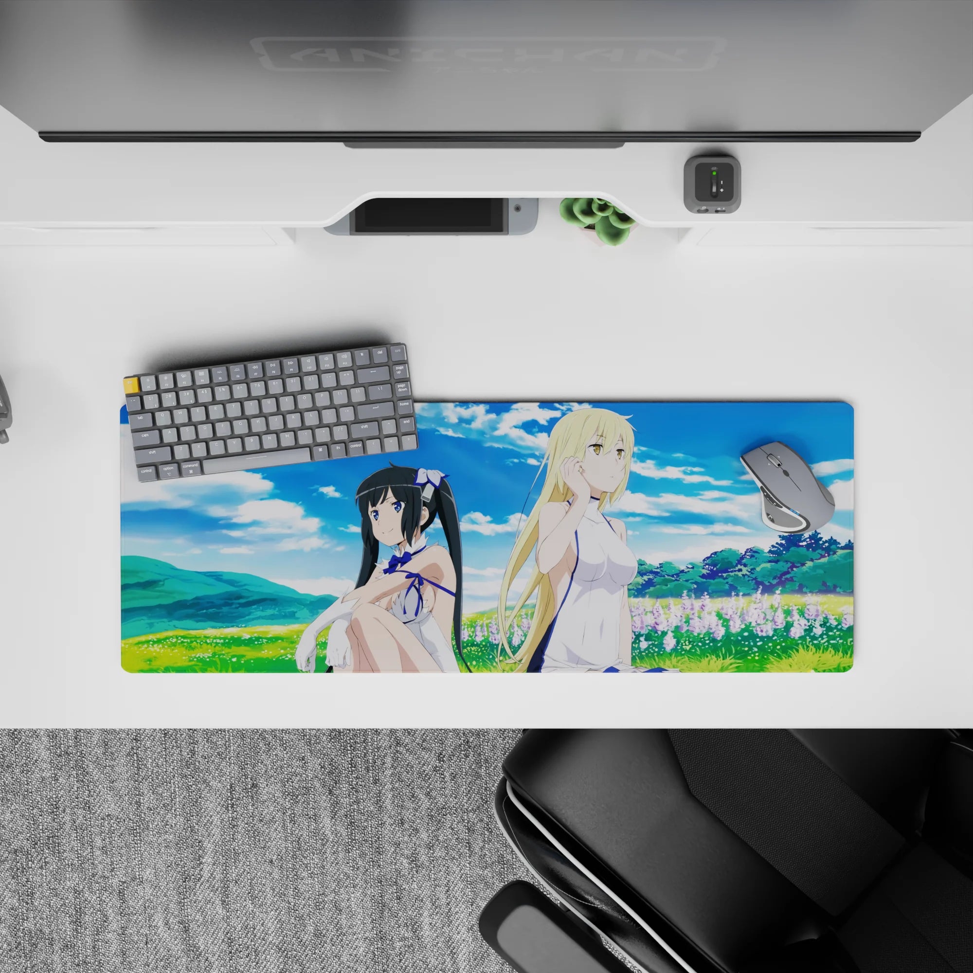 32x12 inches anime girl mouse pad in sky blue, fresh green, and soft lavender for a calm, flirty vibe.