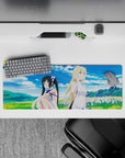 32x12 inches anime girl mouse pad in sky blue, fresh green, and soft lavender for a calm, flirty vibe.