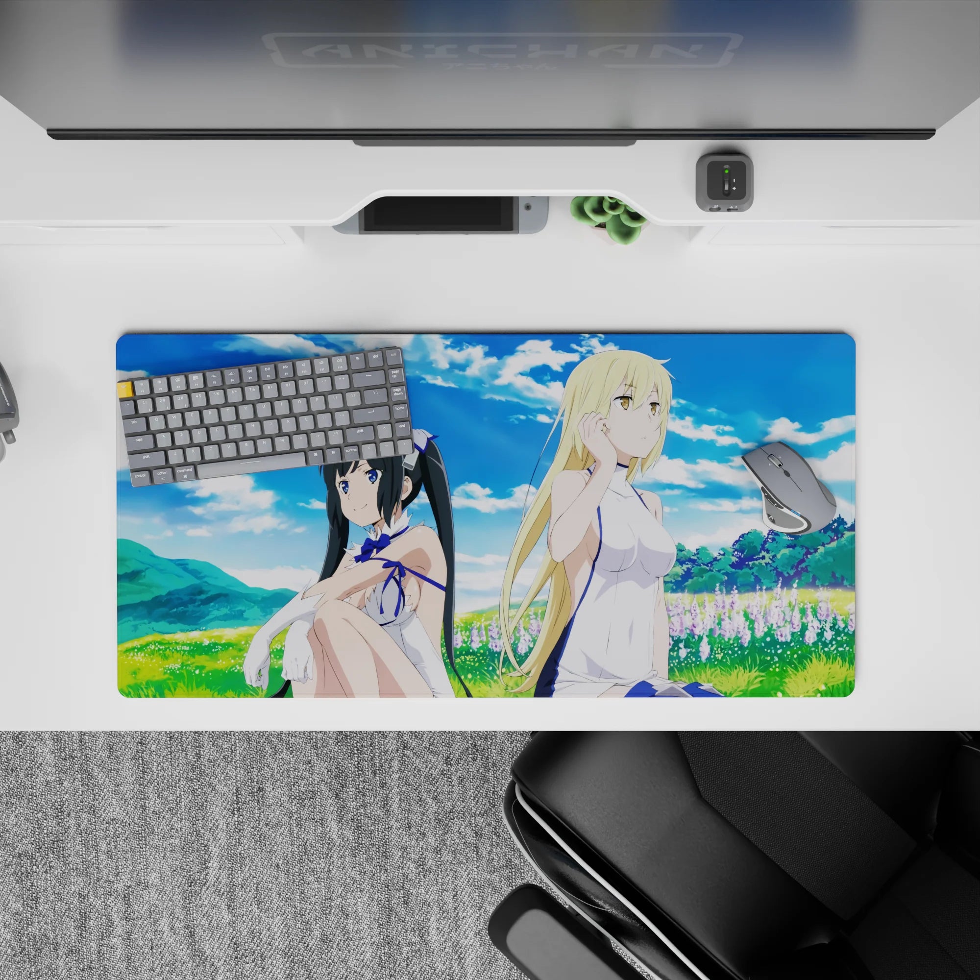 32x16 inches anime girl mouse pad in calm sky blue and fresh green with soft lavender flowers.