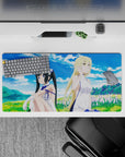 32x16 inches anime girl mouse pad in calm sky blue and fresh green with soft lavender flowers.