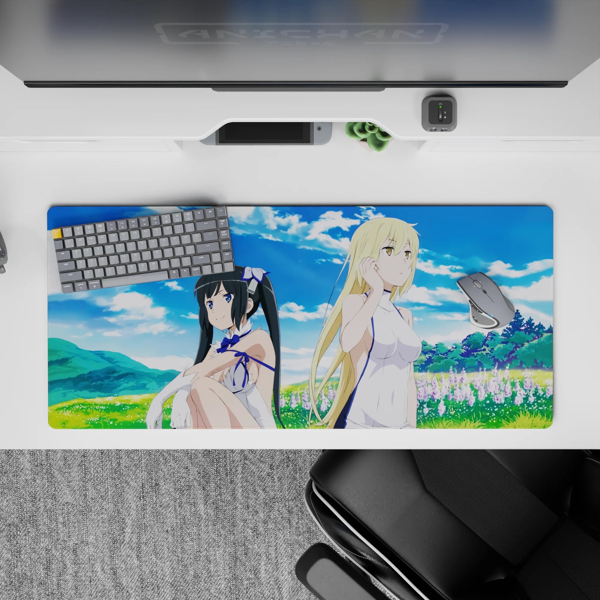 36x16 inches anime girl desk pad in crisp sky blues, fresh greens, and soft lavender flowers, calm and flirty.