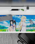 36x16 inches anime girl desk pad in crisp sky blues, fresh greens, and soft lavender flowers, calm and flirty.