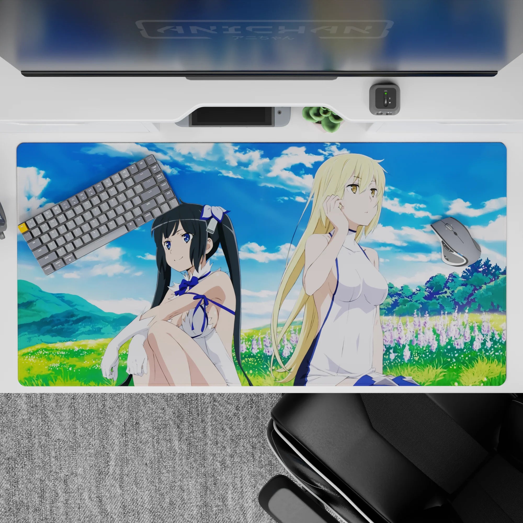 40x20 inches anime girl desk pad in calm sky blues, fresh greens, and soft lavender flowers, sweet vibe.