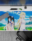40x20 inches anime girl desk pad in calm sky blues, fresh greens, and soft lavender flowers, sweet vibe.