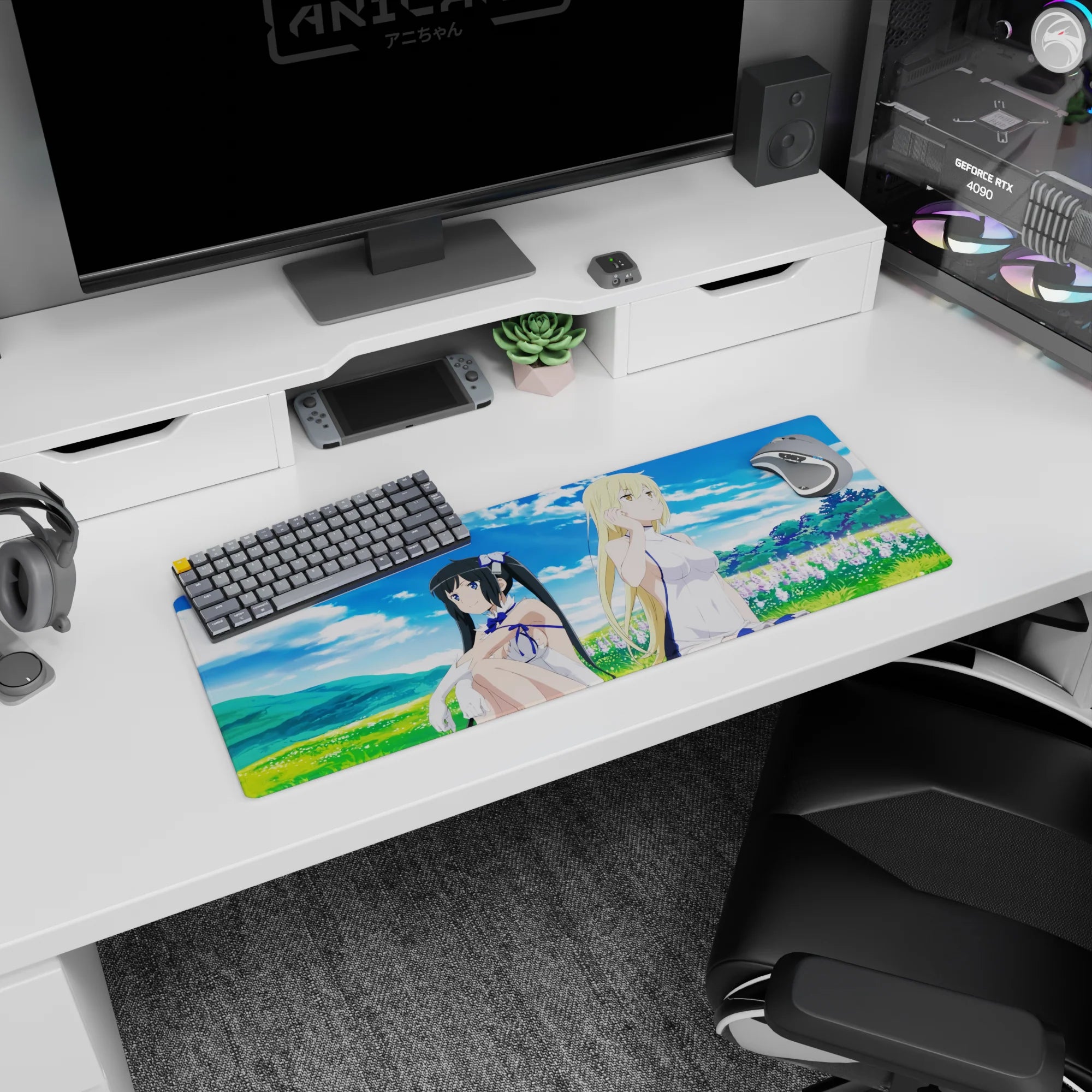 32x12 inches DanMachi mouse pad featuring Hestia and Ais Wallenstein relaxing in a flowered field.