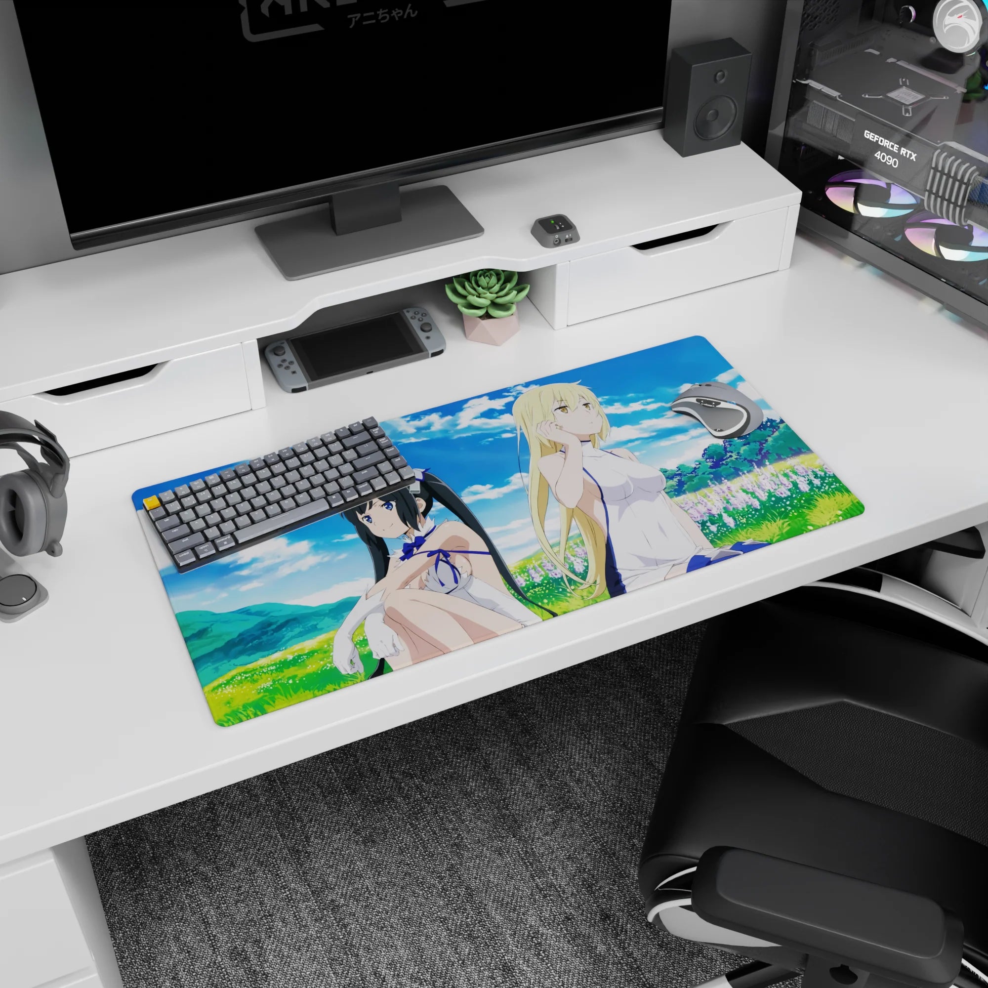 32x16 inches DanMachi mouse pad featuring Hestia and Ais Wallenstein under big cotton clouds.