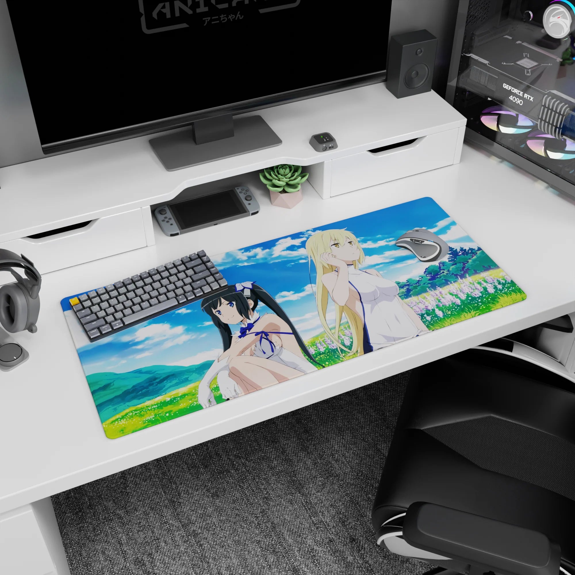 36x16 inches anime girl desk pad showing two girls in white outfits relaxing in a sunlit meadow scene.