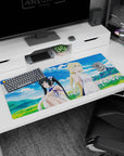 36x16 inches anime girl desk pad showing two girls in white outfits relaxing in a sunlit meadow scene.