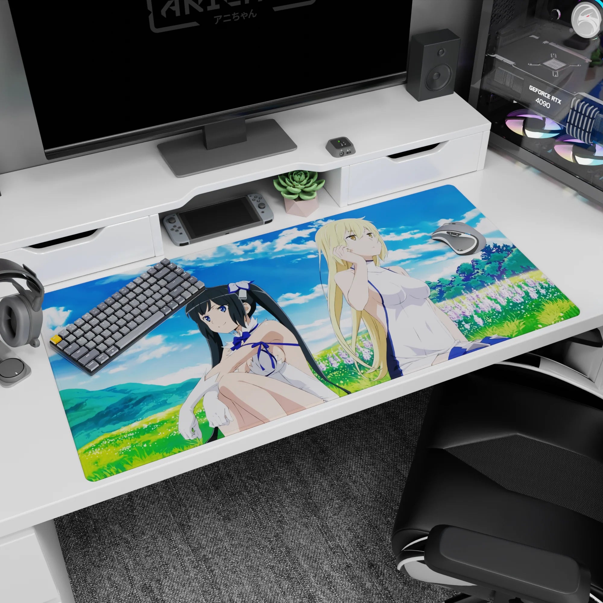 40x20 inches DanMachi desk pad featuring Hestia and Ais Wallenstein relaxing in white outfits, flirty.