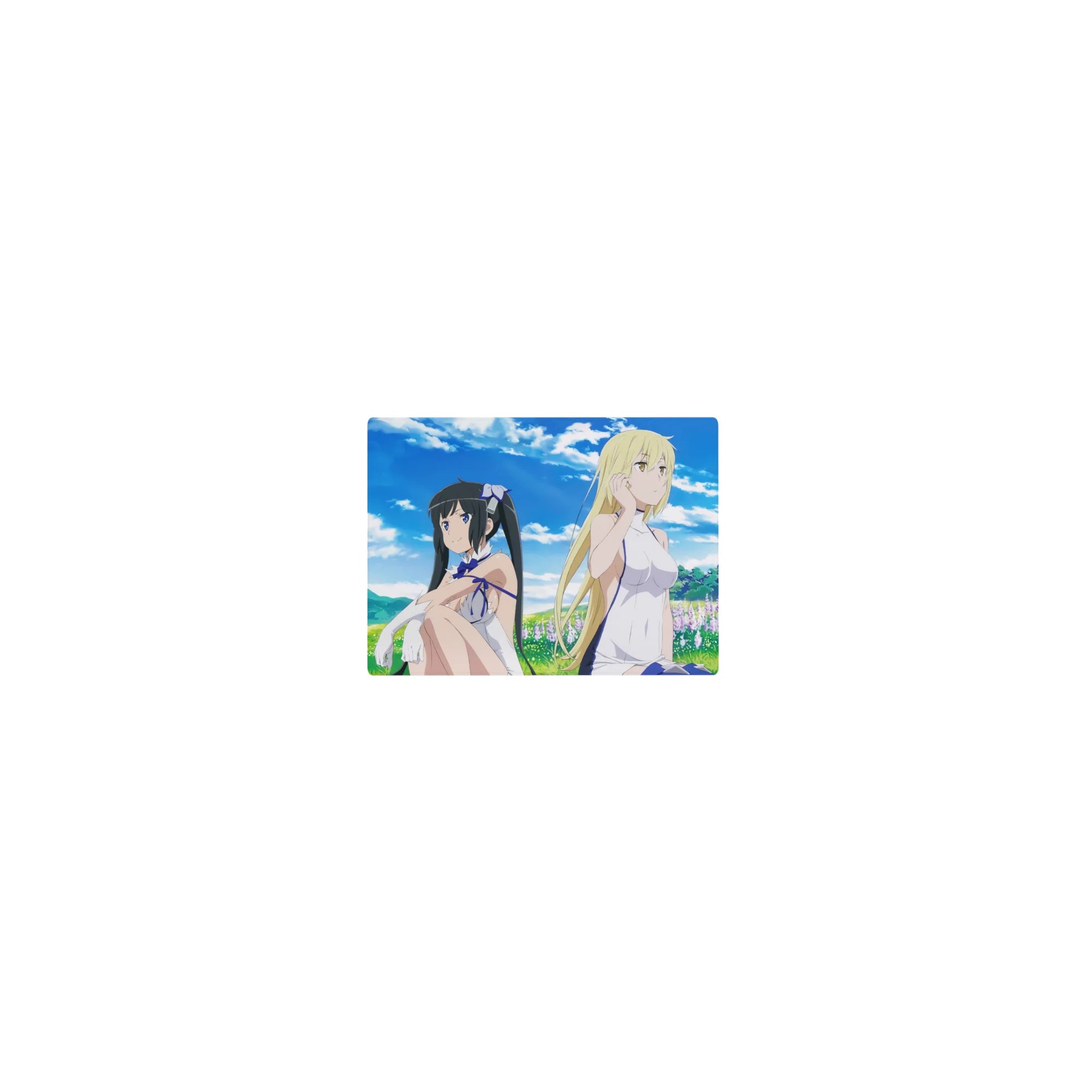 Classic anime girl mouse pad 14x10 inches with two girls in white outfits lounging in a meadow.