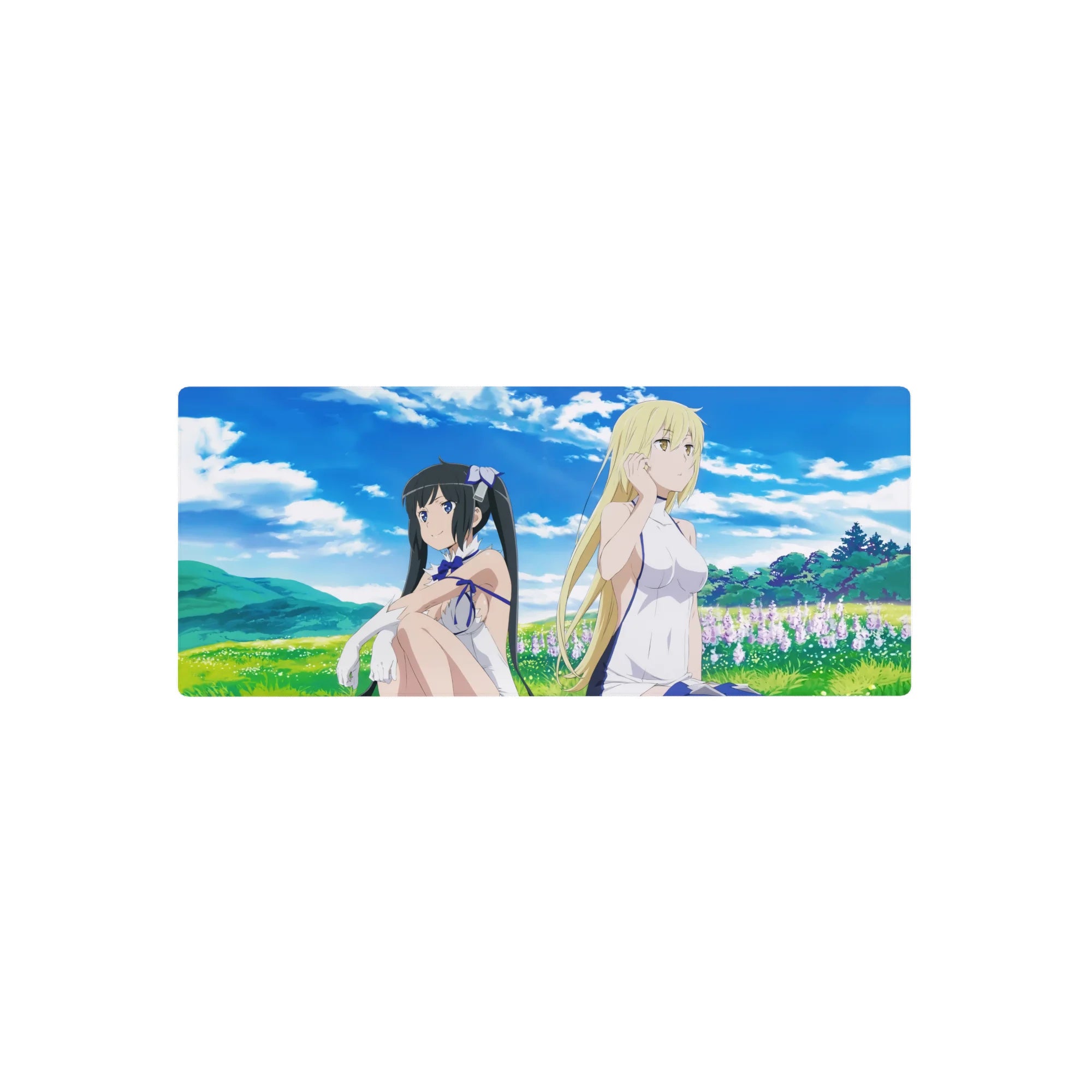 28x12 inches anime girl mouse pad with Hestia and Ais Wallenstein relaxing in a meadow scene.