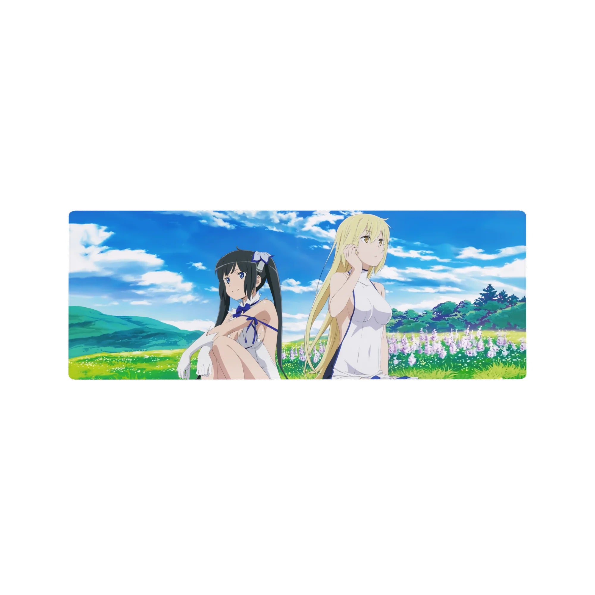 32x12 inches anime girl mouse pad with two girls lounging in a sunny meadow under cotton clouds.