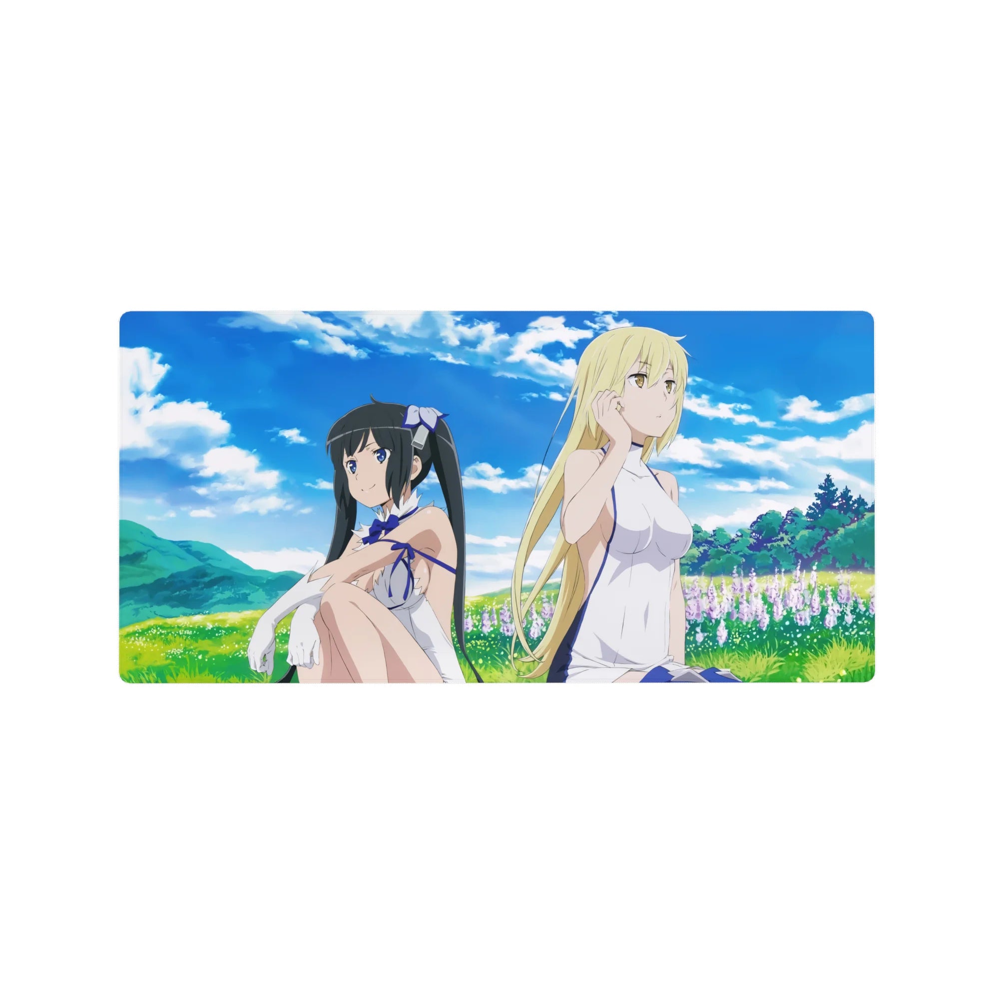 32x16 inches anime girl mouse pad with two girls in white outfits lounging in a sunny meadow.