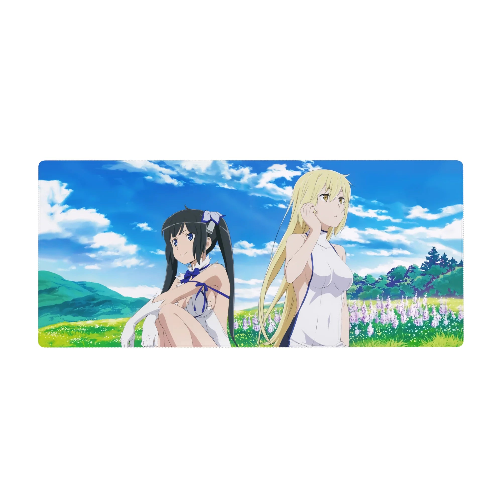36x16 inches anime girl desk pad with Hestia and Ais Wallenstein lounging in a meadow under clouds.
