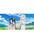 36x16 inches anime girl desk pad with Hestia and Ais Wallenstein lounging in a meadow under clouds.