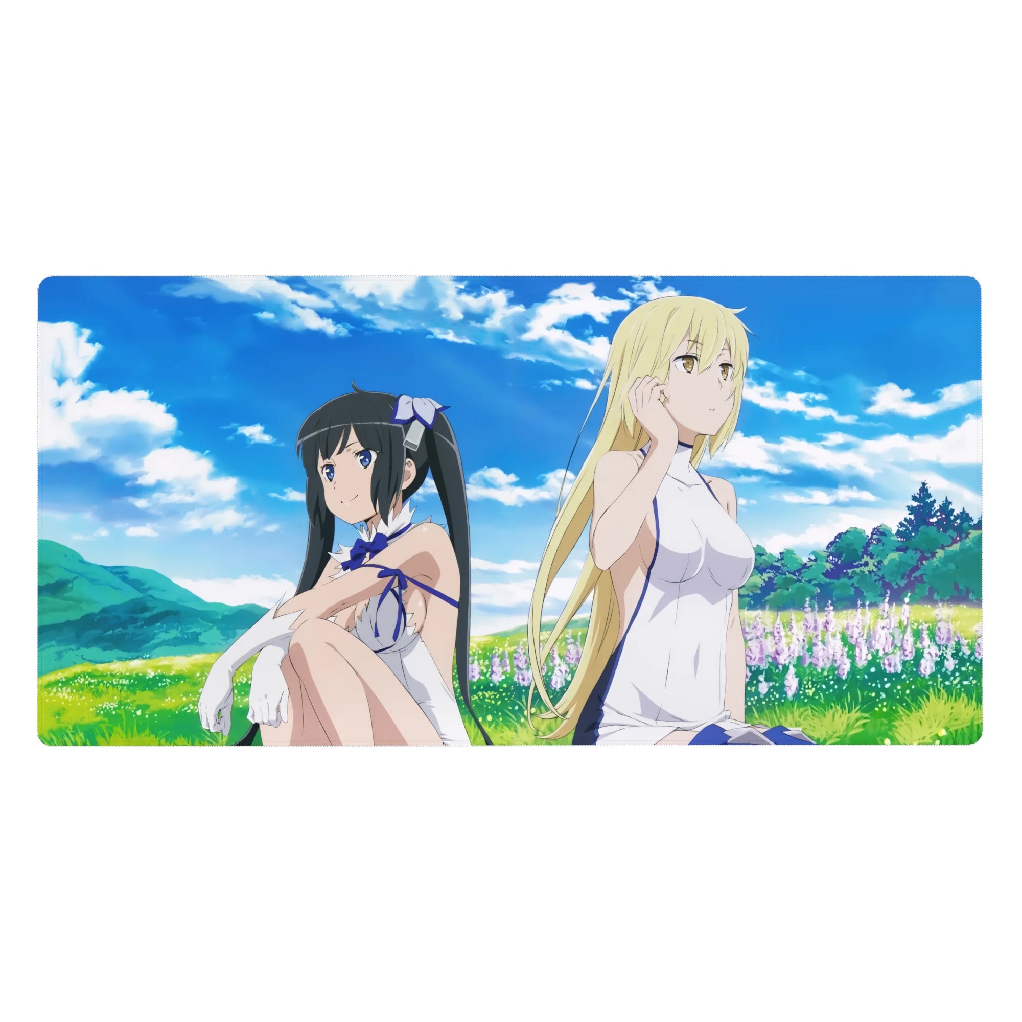 40x20 inches anime girl desk pad with Hestia and Ais lounging in a sunny meadow under cotton clouds.