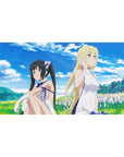 40x20 inches anime girl desk pad with Hestia and Ais lounging in a sunny meadow under cotton clouds.
