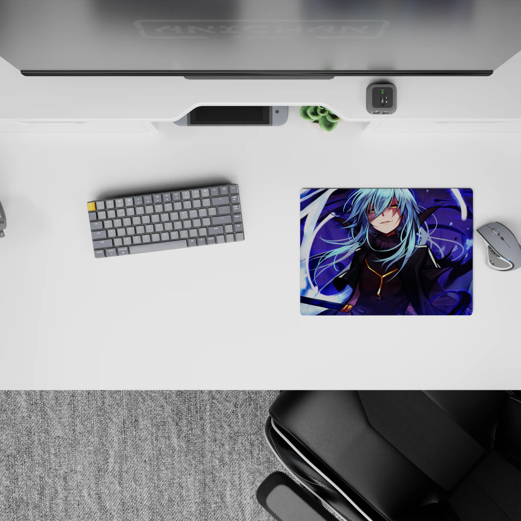 Anime mouse pad 14x10 inches in deep purples with icy highlights, violet shadows, and bright white motion streaks.