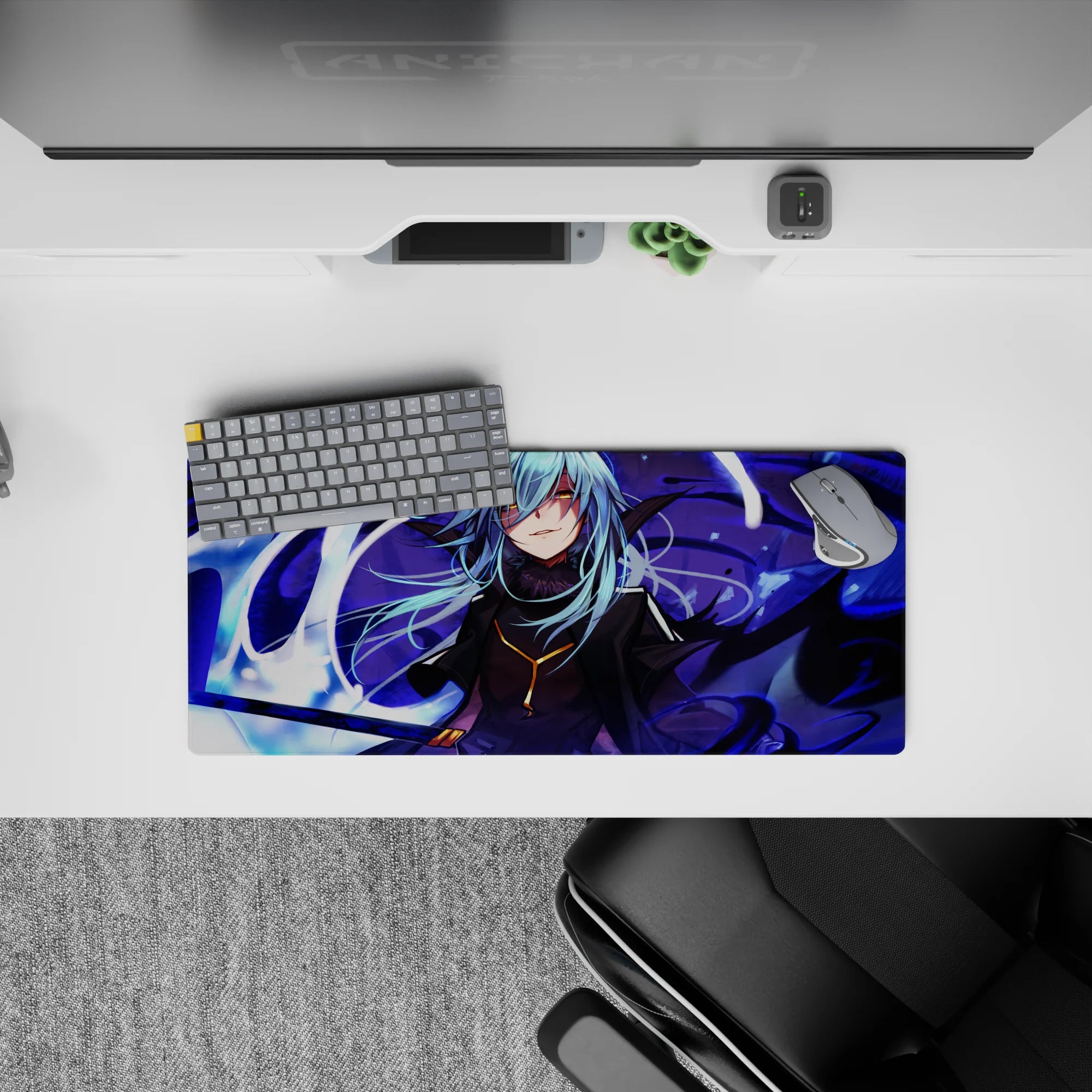 28x12 inches anime desk mat in deep purples and icy highlights, violet shadows, clean high-contrast art.