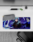 28x12 inches anime desk mat in deep purples and icy highlights, violet shadows, clean high-contrast art.