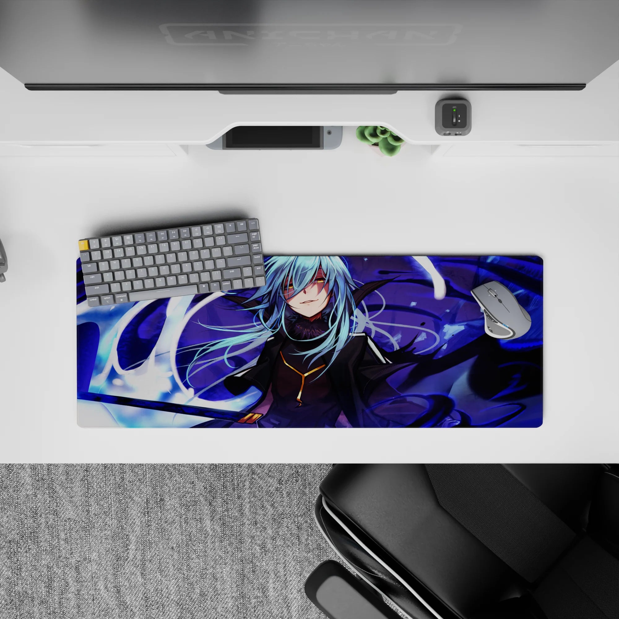 Anime mouse pad 32x12 inches in deep purples with icy highlights, violet shadows, and glowing white motion.
