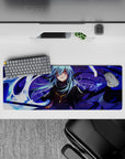 Anime mouse pad 32x12 inches in deep purples with icy highlights, violet shadows, and glowing white motion.