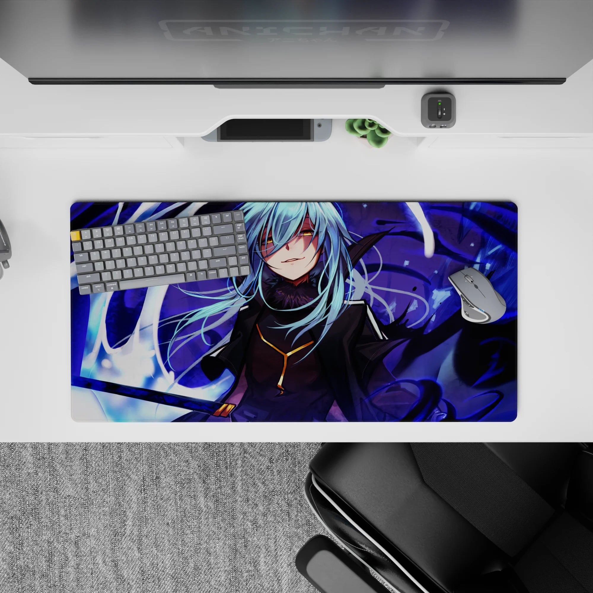 32x16 inches anime mouse pad in deep purples, icy highlights, and white energy for a dark, sleek vibe.