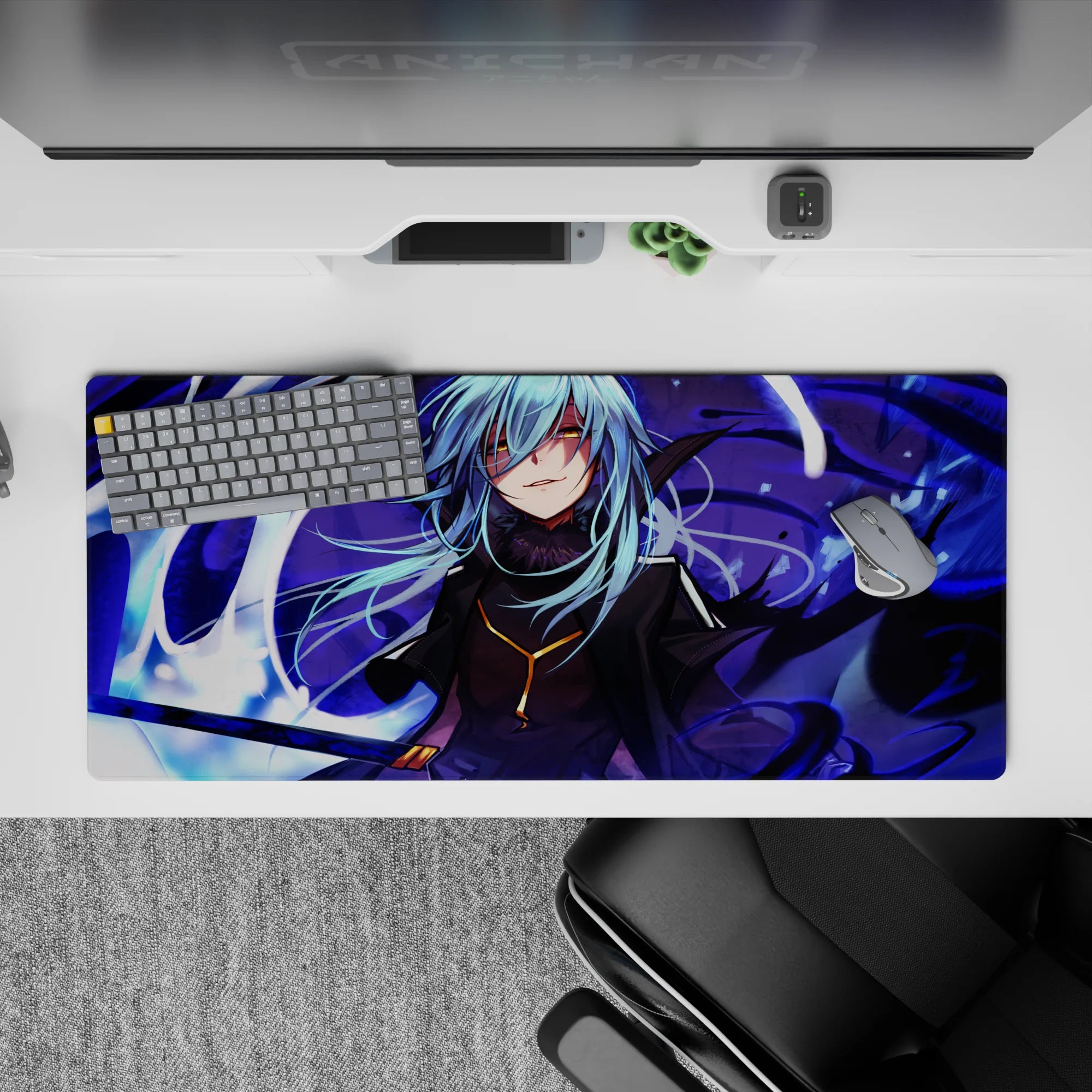 Dark purple anime desk pad 36x16 inches with icy highlights, violet shadows, and stormy glow.