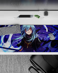 Dark purple anime desk pad 36x16 inches with icy highlights, violet shadows, and stormy glow.
