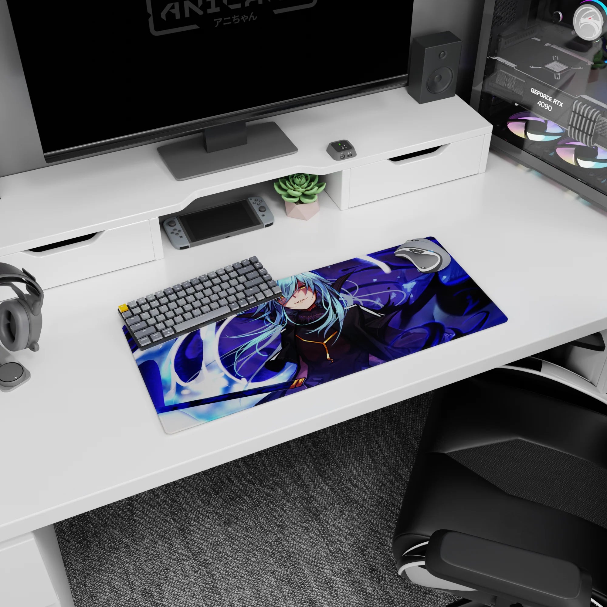 28x12 inches anime mouse pad showing a sly blue-haired fighter amid swirling violet shadows and white ribbons.