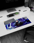 28x12 inches anime mouse pad showing a sly blue-haired fighter amid swirling violet shadows and white ribbons.