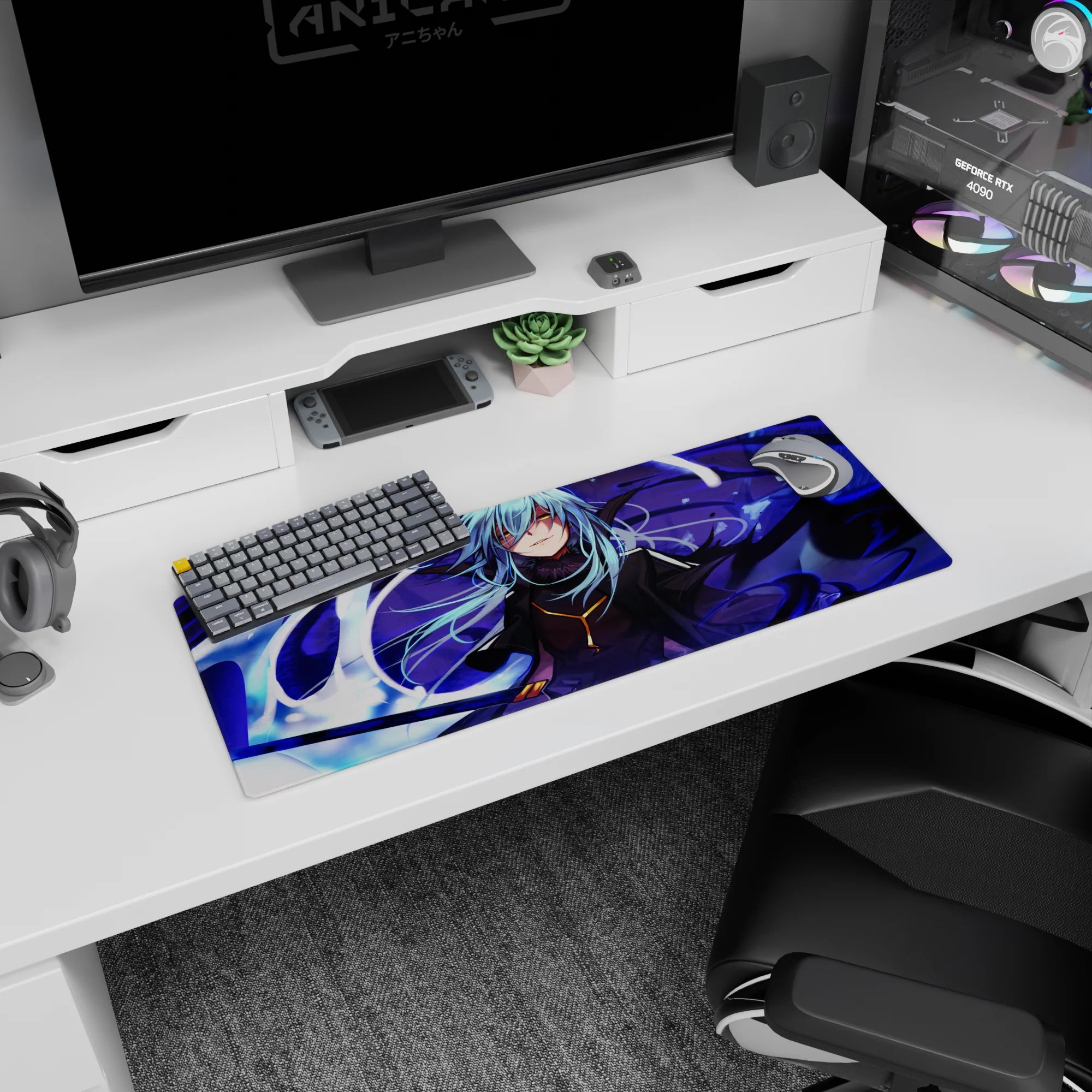 Anime mouse pad 32x12 inches showing a sly blue-haired anime fighter amid violet shadows and white energy.