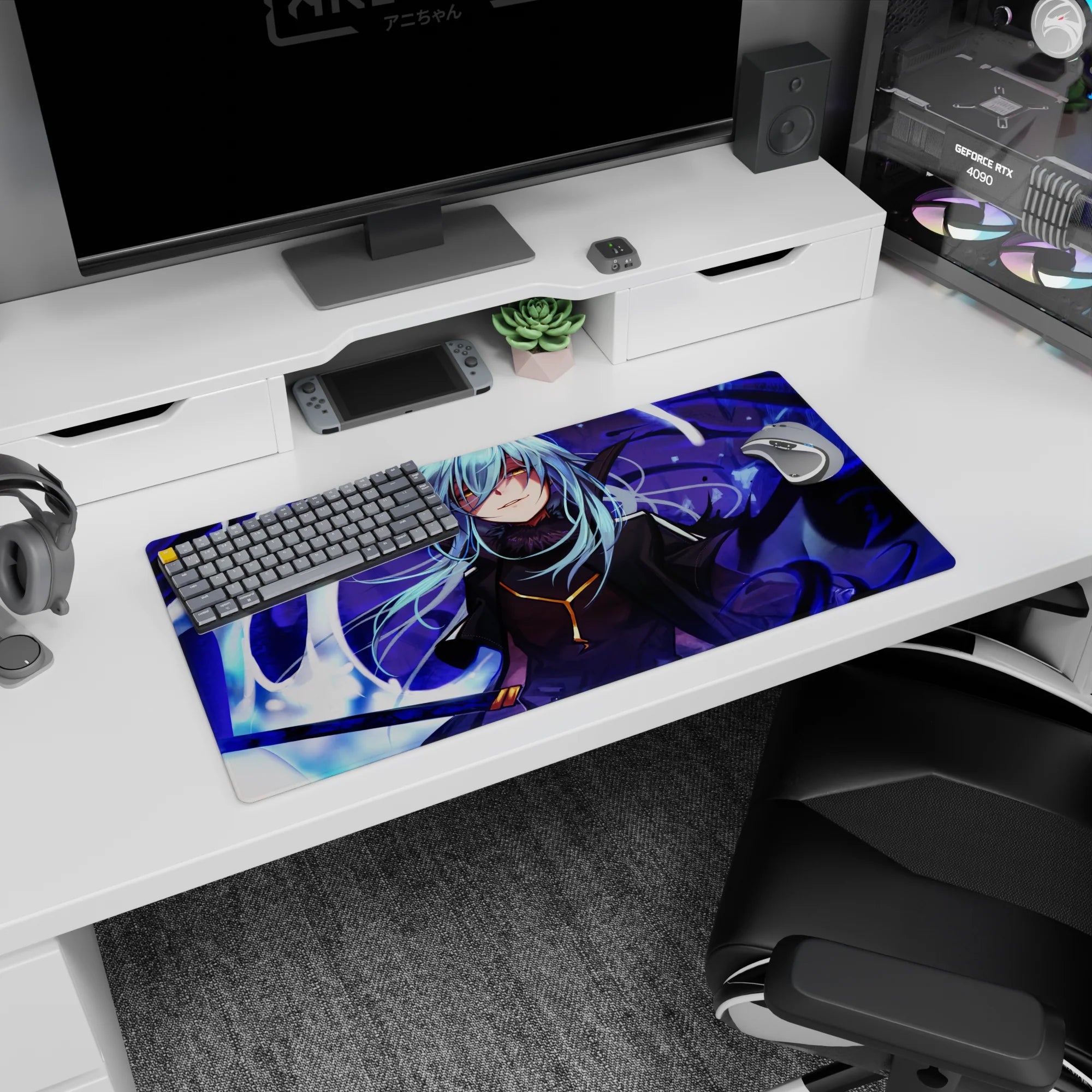 32x16 inches anime mouse pad showing a blue-haired warrior in dark coat, violet shadows swirling.