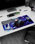 32x16 inches anime mouse pad showing a blue-haired warrior in dark coat, violet shadows swirling.