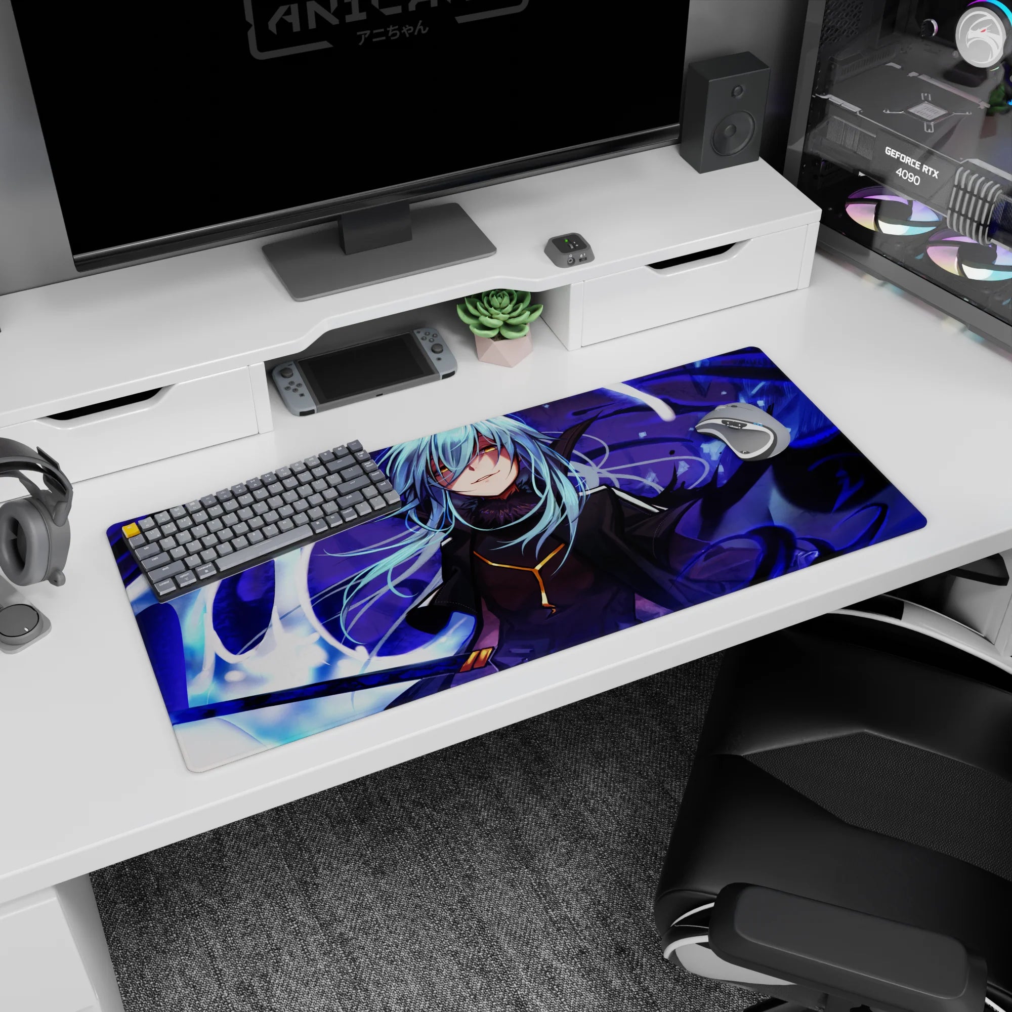 Blue-haired anime rogue on desk pad 36x16 inches, sly smile, high collar, white energy swirls.