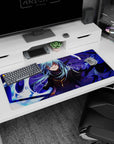 Blue-haired anime rogue on desk pad 36x16 inches, sly smile, high collar, white energy swirls.