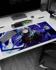 40x20 inches anime desk pad showing a sly blue-haired fighter in dark coat amid swirling violet energy.