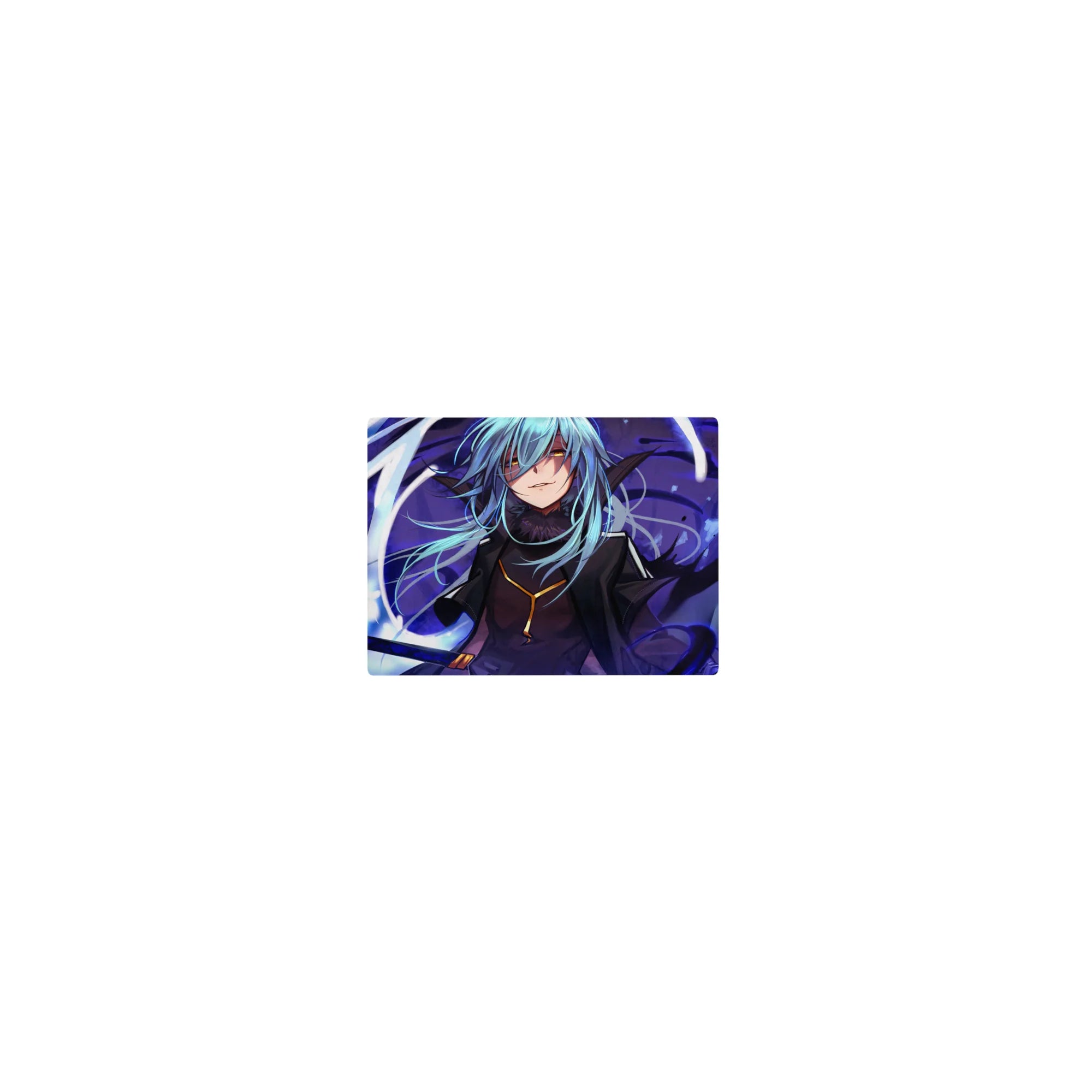 Classic anime mouse pad 14x10 inches with blue-haired character, gold eyes, dark coat, and energy ribbons.