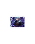 Classic anime mouse pad 14x10 inches with blue-haired character, gold eyes, dark coat, and energy ribbons.