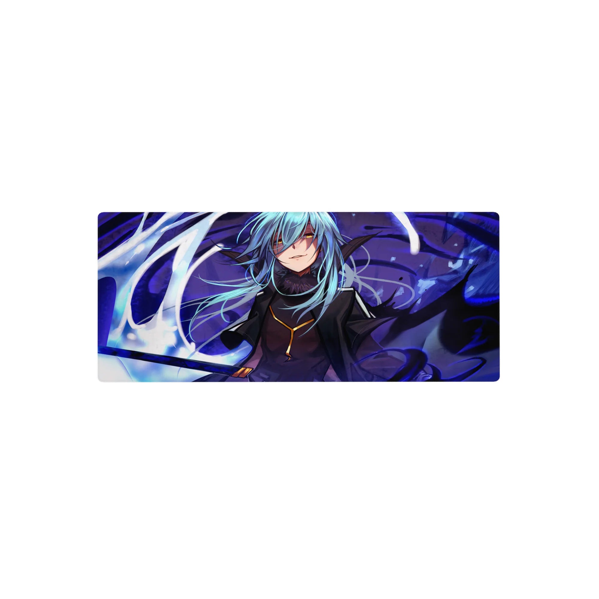 28x12 inches anime mouse pad with blue-haired rogue, golden eyes, dark coat, and energy ribbons.