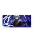 28x12 inches anime mouse pad with blue-haired rogue, golden eyes, dark coat, and energy ribbons.