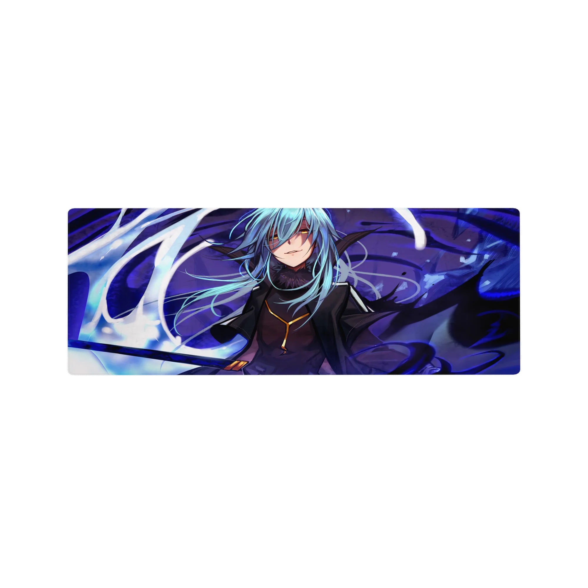 Anime mouse pad 32x12 inches with blue-haired character, golden eyes, dark coat, and energy ribbons.