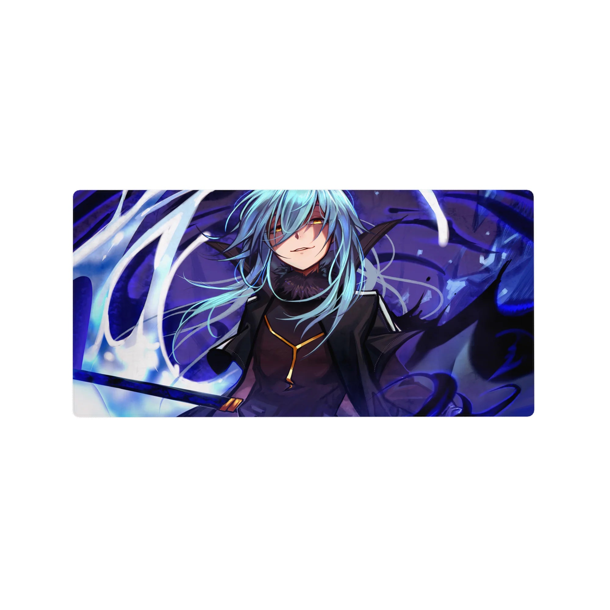 32x16 inches anime mouse pad with blue-haired, gold-eyed rogue and violet shadow energy ribbons.