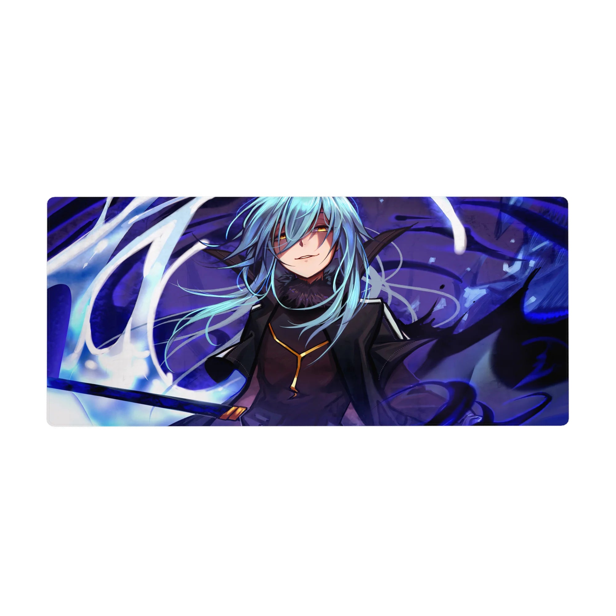 Anime desk pad 36x16 inches with blue-haired, gold-eyed character and swirling energy ribbons.