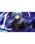 Anime desk pad 40x20 inches with blue-haired rogue, golden eyes, violet shadows, and energy ribbons.
