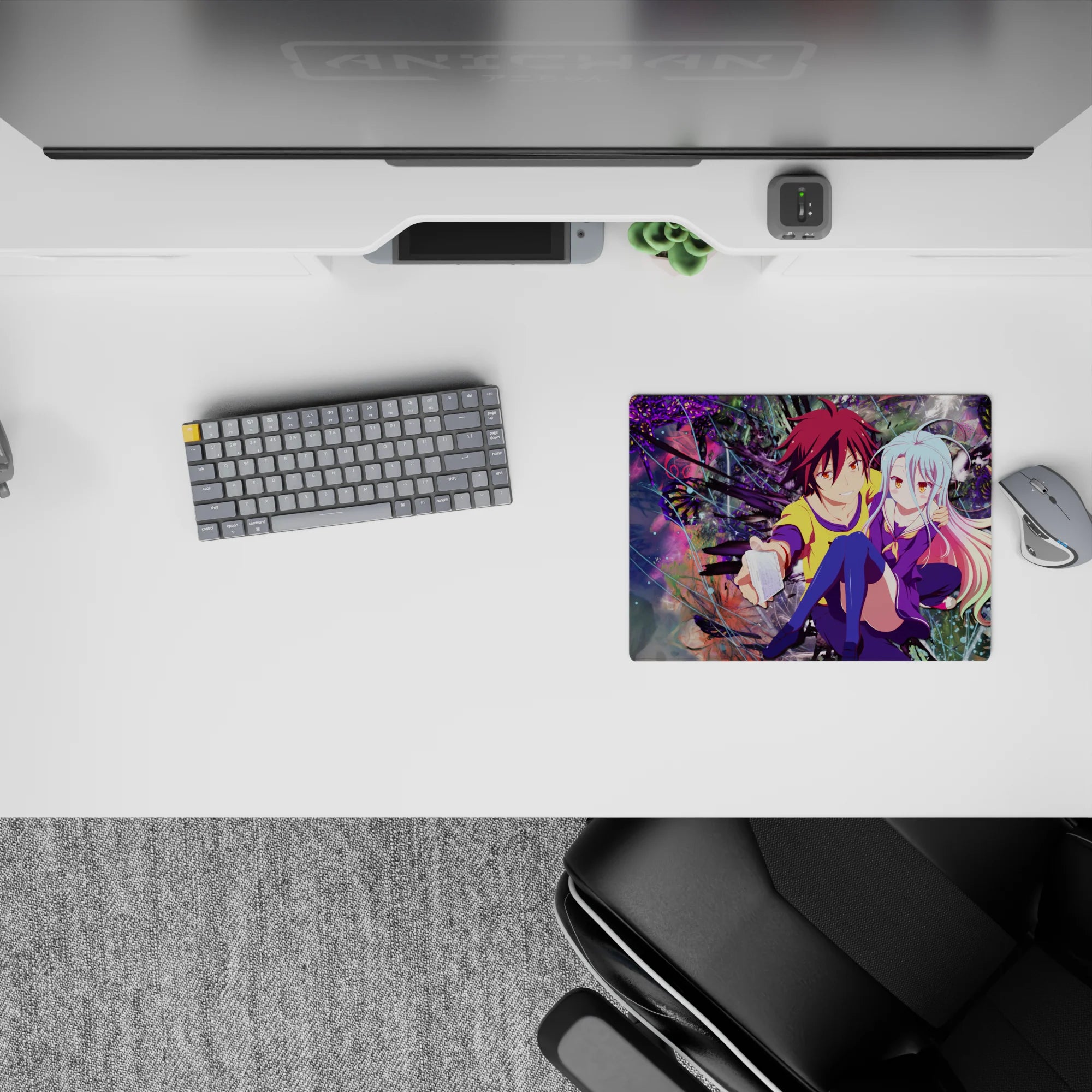 Vibrant 14x10 inches anime mouse pad in neon purples, pastel blue-to-pink hair, cozy playful vibe.