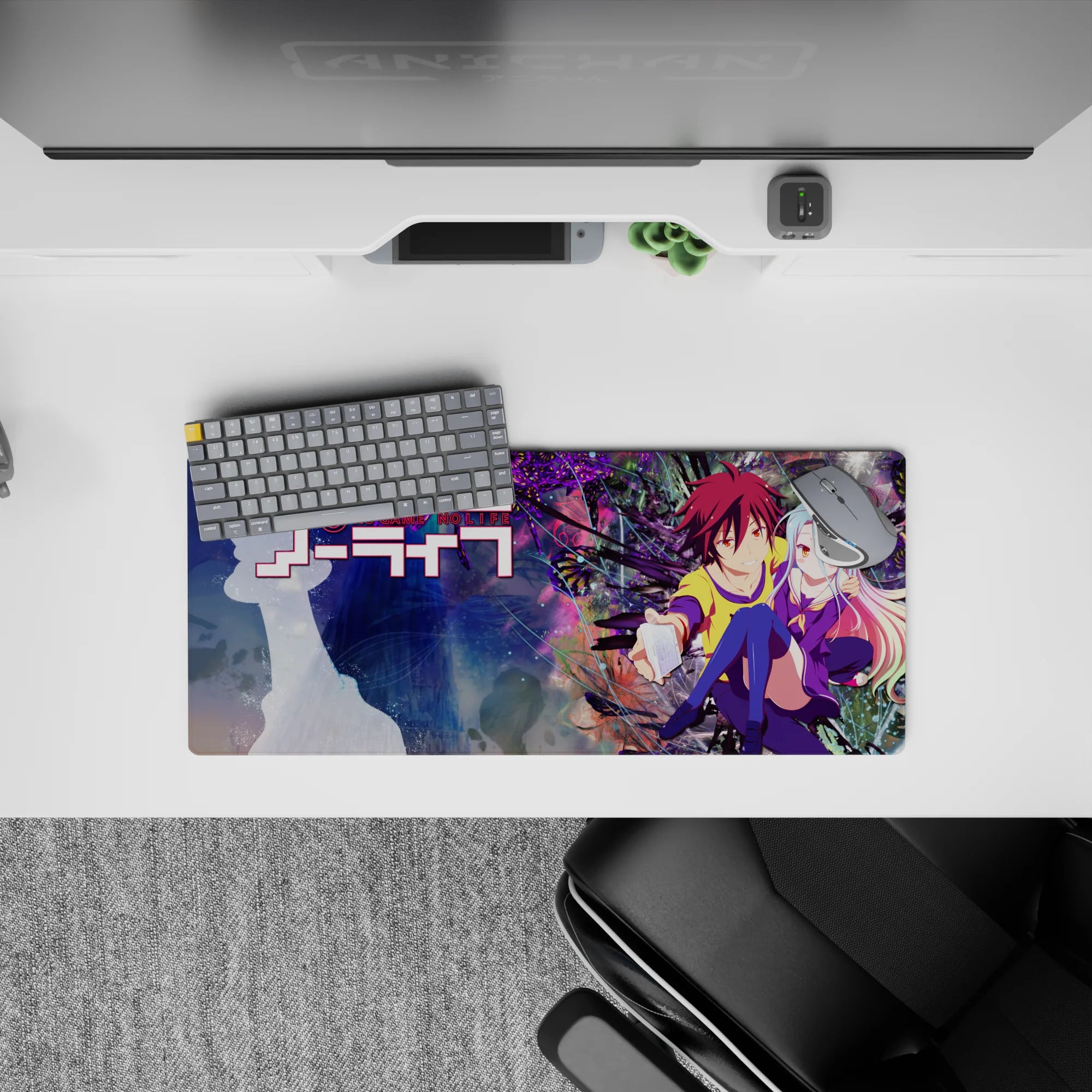 Pastel blue-to-pink hair and neon purples on an anime girl mouse pad 28x12 inches, bright cozy desk aesthetic.