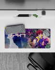 Pastel blue-to-pink hair and neon purples on an anime girl mouse pad 28x12 inches, bright cozy desk aesthetic.