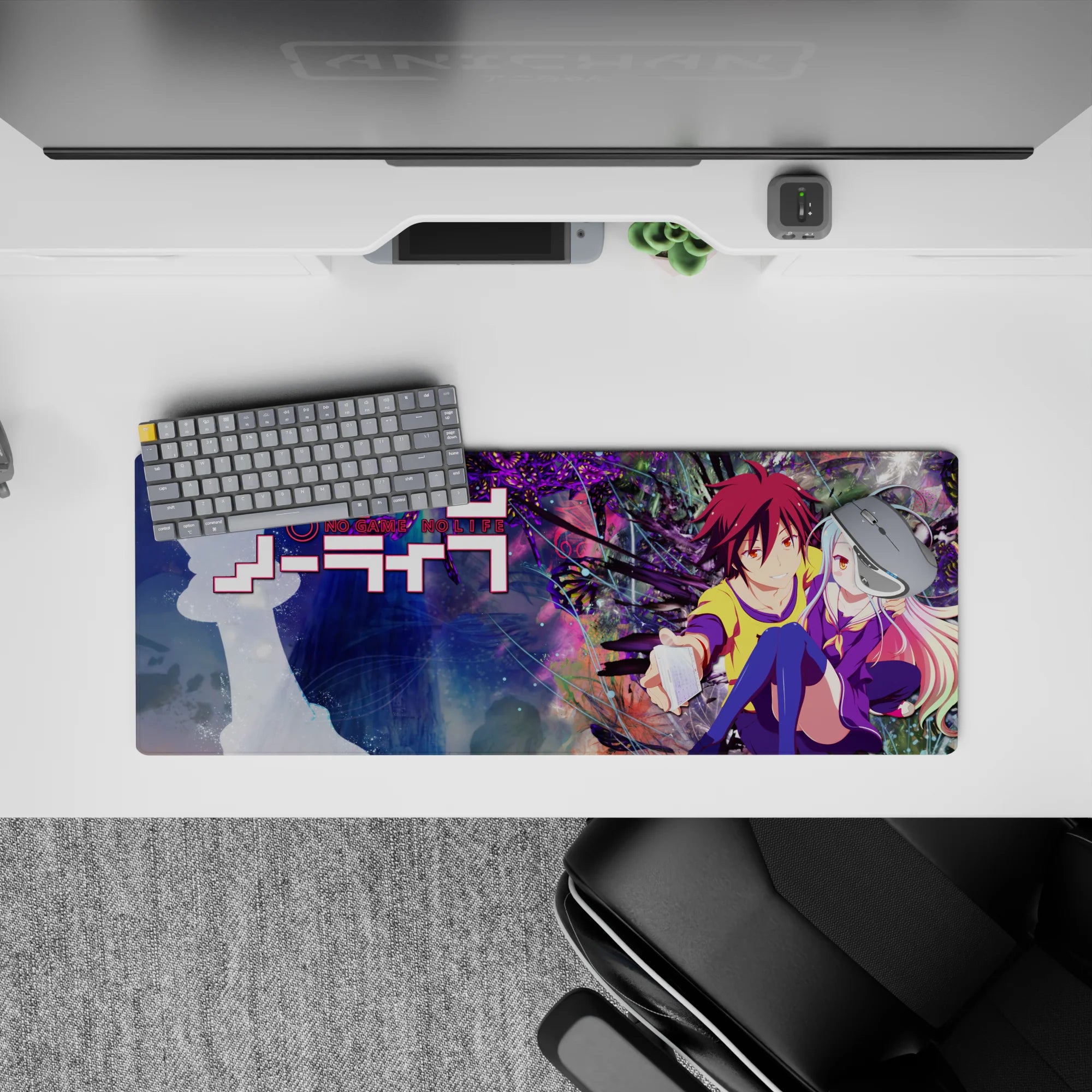 Neon purple and inky feather swirl anime girl mouse pad 32x12 inches, pastel blue-to-pink hair, cozy vibe.