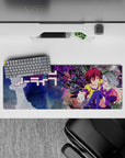 Neon purple and inky feather swirl anime girl mouse pad 32x12 inches, pastel blue-to-pink hair, cozy vibe.